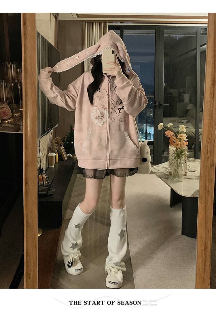 실사 작은 대중 오리지널 달콤한 차가운 바람 길다 귀 레이스 후드 티 스웨터 여성 루즈핏 디자인 센스 카디건 코트 상세 이미지 25