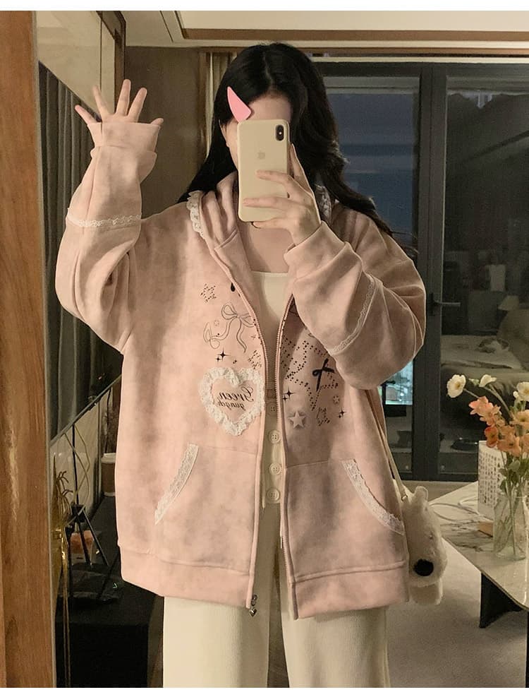 실사 작은 대중 오리지널 달콤한 차가운 바람 길다 귀 레이스 후드 티 스웨터 여성 루즈핏 디자인 센스 카디건 코트 상세 이미지 26
