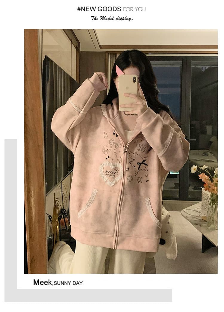실사 작은 대중 오리지널 달콤한 차가운 바람 길다 귀 레이스 후드 티 스웨터 여성 루즈핏 디자인 센스 카디건 코트 상세 이미지 27