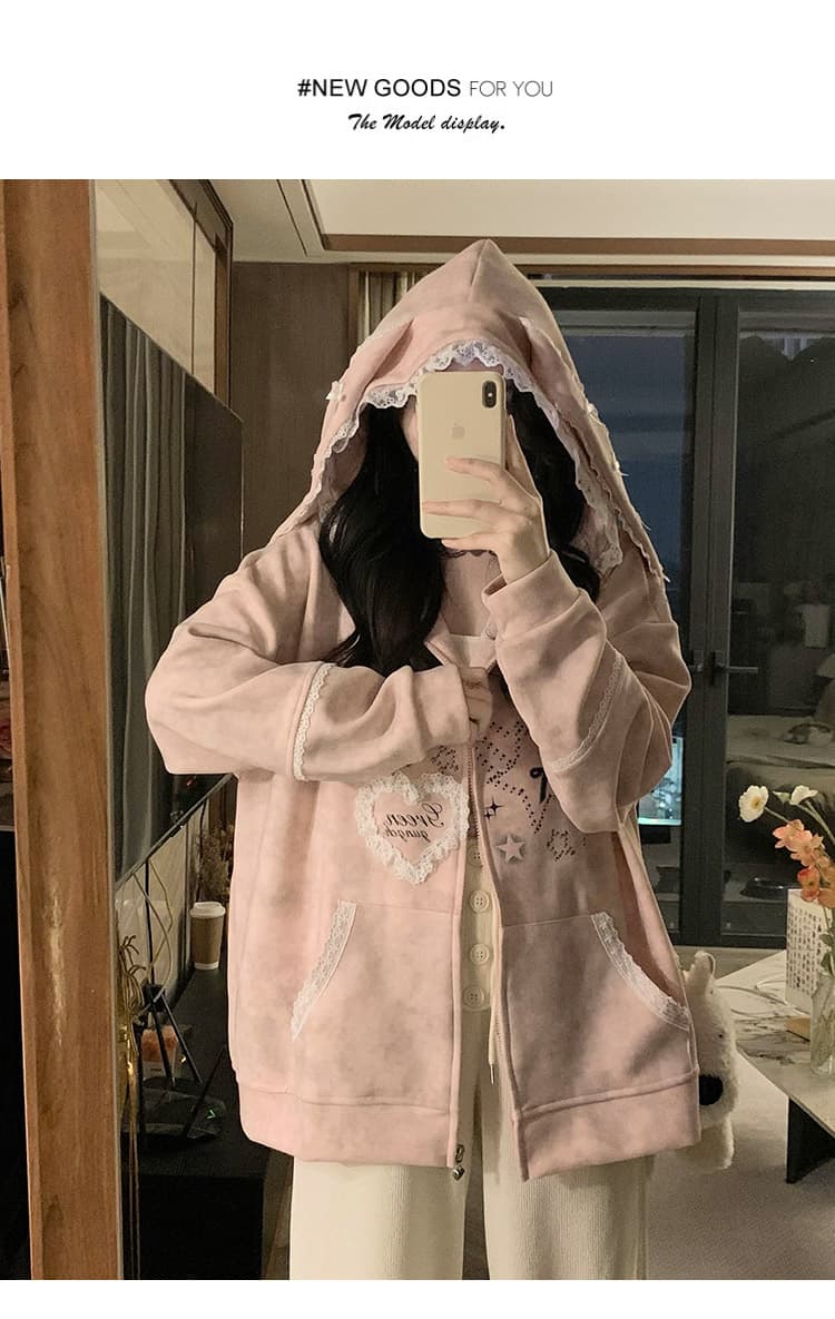 실사 작은 대중 오리지널 달콤한 차가운 바람 길다 귀 레이스 후드 티 스웨터 여성 루즈핏 디자인 센스 카디건 코트 상세 이미지 29