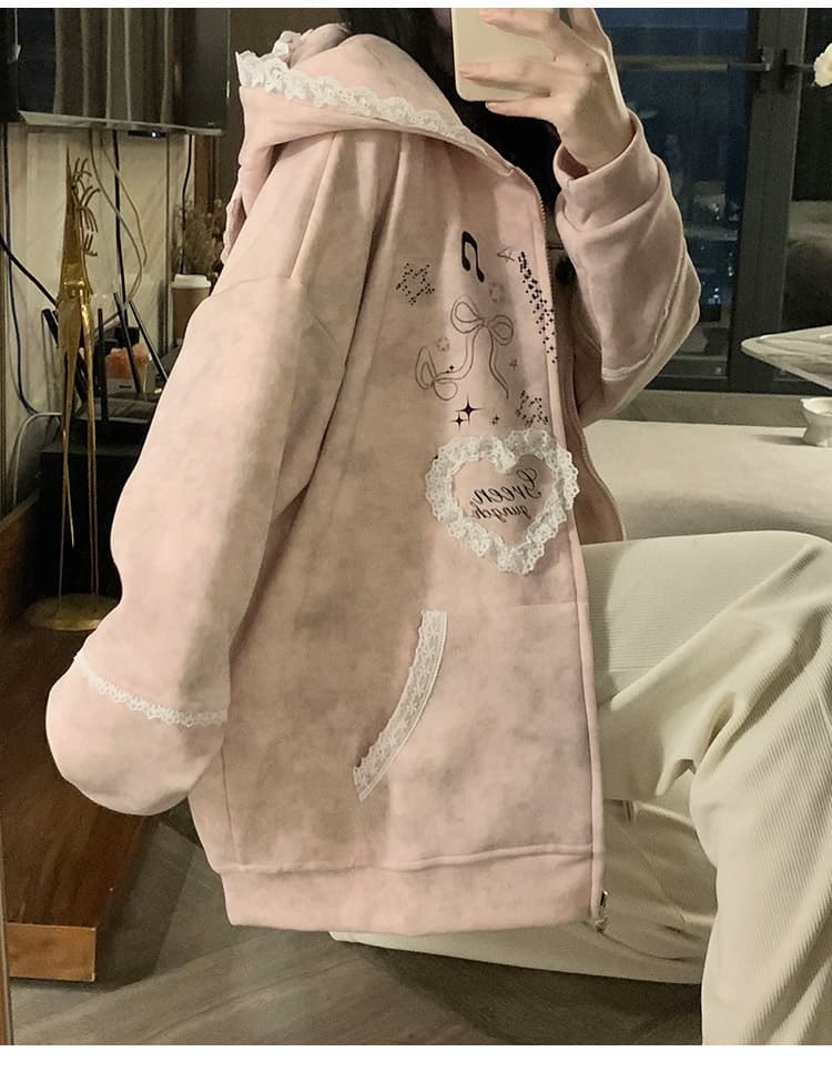 실사 작은 대중 오리지널 달콤한 차가운 바람 길다 귀 레이스 후드 티 스웨터 여성 루즈핏 디자인 센스 카디건 코트 상세 이미지 30