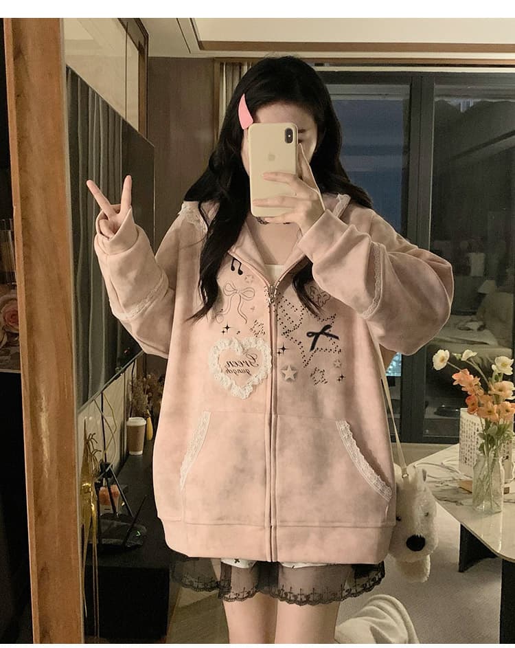 실사 작은 대중 오리지널 달콤한 차가운 바람 길다 귀 레이스 후드 티 스웨터 여성 루즈핏 디자인 센스 카디건 코트 상세 이미지 31