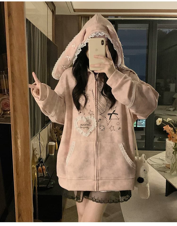 실사 작은 대중 오리지널 달콤한 차가운 바람 길다 귀 레이스 후드 티 스웨터 여성 루즈핏 디자인 센스 카디건 코트 상세 이미지 34