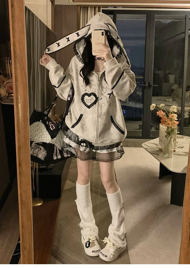 실사 작은 대중 오리지널 달콤한 차가운 바람 길다 귀 레이스 후드 티 스웨터 여성 루즈핏 디자인 센스 카디건 코트 상세 이미지 36