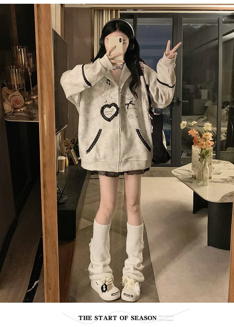 실사 작은 대중 오리지널 달콤한 차가운 바람 길다 귀 레이스 후드 티 스웨터 여성 루즈핏 디자인 센스 카디건 코트 상세 이미지 38