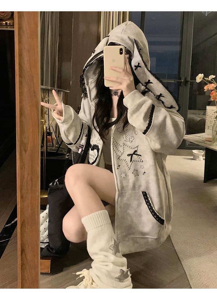 실사 작은 대중 오리지널 달콤한 차가운 바람 길다 귀 레이스 후드 티 스웨터 여성 루즈핏 디자인 센스 카디건 코트 상세 이미지 39