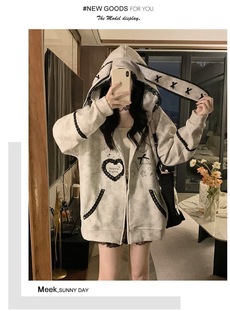 실사 작은 대중 오리지널 달콤한 차가운 바람 길다 귀 레이스 후드 티 스웨터 여성 루즈핏 디자인 센스 카디건 코트 상세 이미지 40