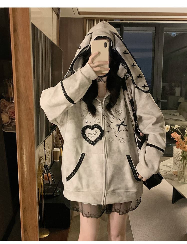 실사 작은 대중 오리지널 달콤한 차가운 바람 길다 귀 레이스 후드 티 스웨터 여성 루즈핏 디자인 센스 카디건 코트 상세 이미지 46