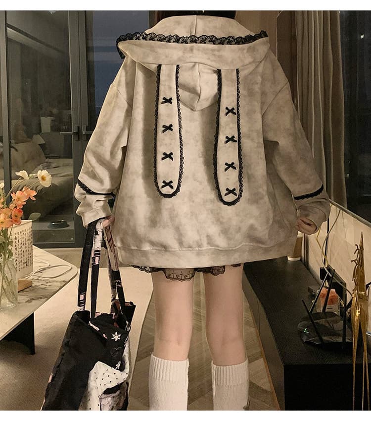 실사 작은 대중 오리지널 달콤한 차가운 바람 길다 귀 레이스 후드 티 스웨터 여성 루즈핏 디자인 센스 카디건 코트 상세 이미지 48