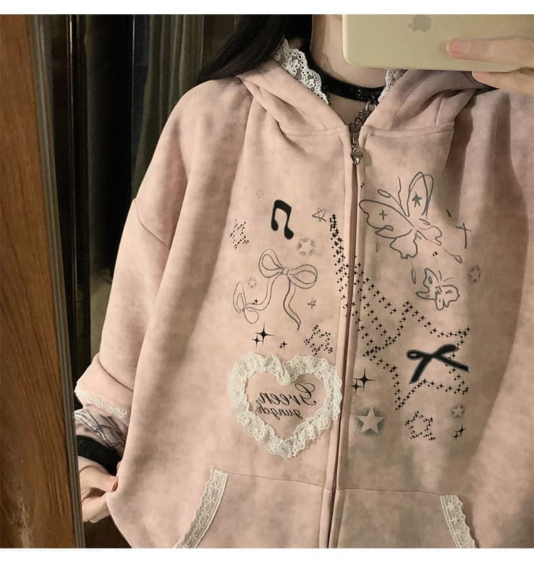 실사 작은 대중 오리지널 달콤한 차가운 바람 길다 귀 레이스 후드 티 스웨터 여성 루즈핏 디자인 센스 카디건 코트 상세 이미지 49