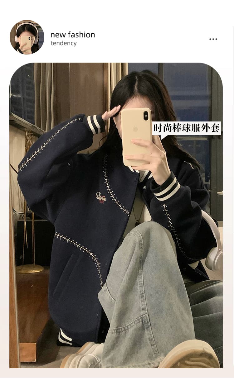 실사 2026 아메리칸 레트로 자수 야구 유니폼 재킷 여성 작은 키 가을 겨울철 루즈핏 맨위 재킷 상세 이미지 4