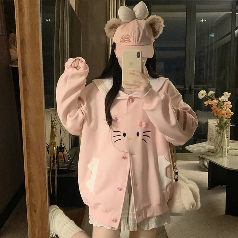 실사 한국 스타일 레트로 디자인 센스 하우스 멩 고양이 패치워크 배색 해군 칼라 재킷 다용도 긴팔 오픈 가디건 후드티 이미지 5