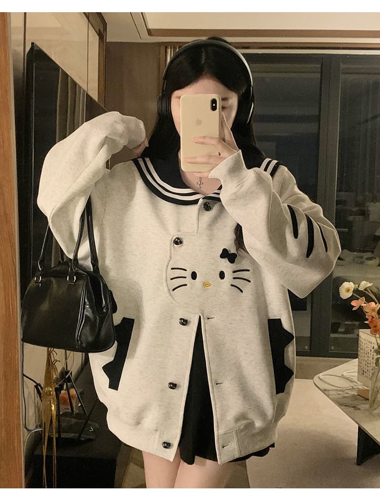 실사 한국 스타일 레트로 디자인 센스 하우스 멩 고양이 패치워크 배색 해군 칼라 재킷 다용도 긴팔 오픈 가디건 후드티 상세 이미지 12