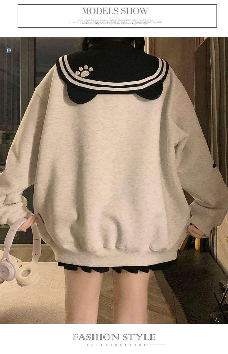 실사 한국 스타일 레트로 디자인 센스 하우스 멩 고양이 패치워크 배색 해군 칼라 재킷 다용도 긴팔 오픈 가디건 후드티 상세 이미지 17