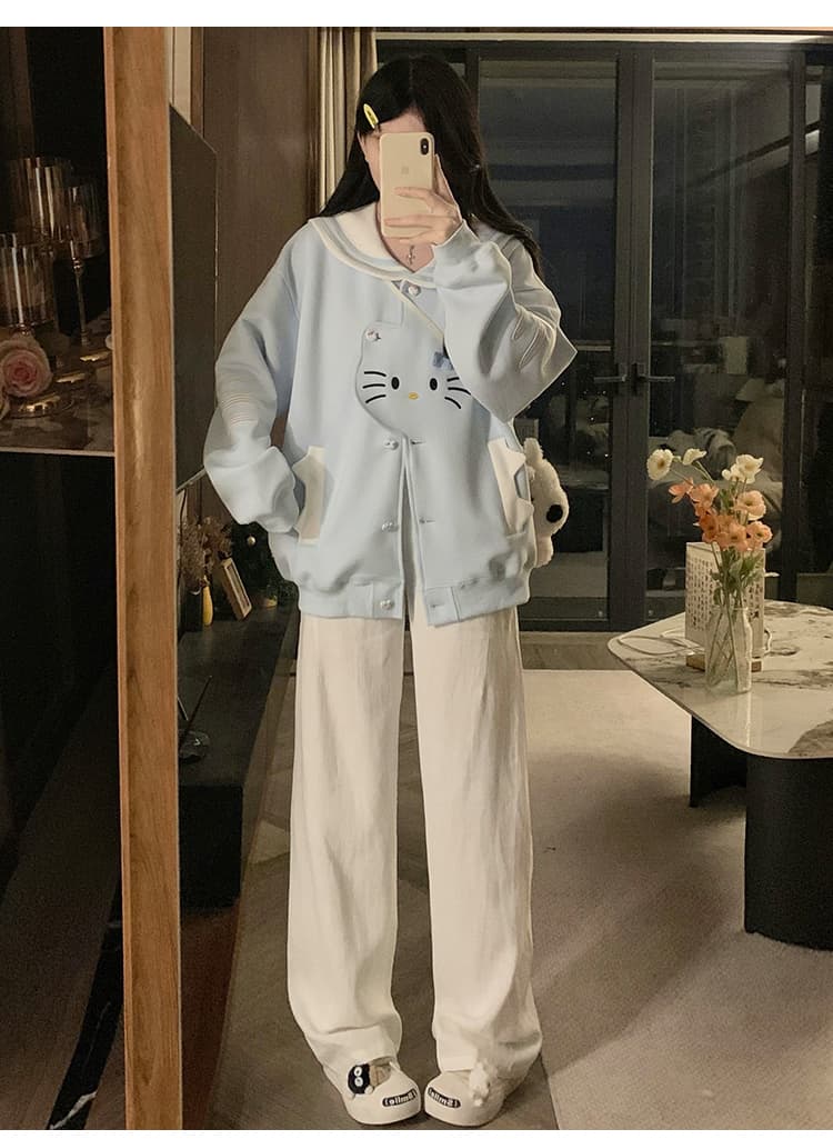 실사 한국 스타일 레트로 디자인 센스 하우스 멩 고양이 패치워크 배색 해군 칼라 재킷 다용도 긴팔 오픈 가디건 후드티 상세 이미지 18