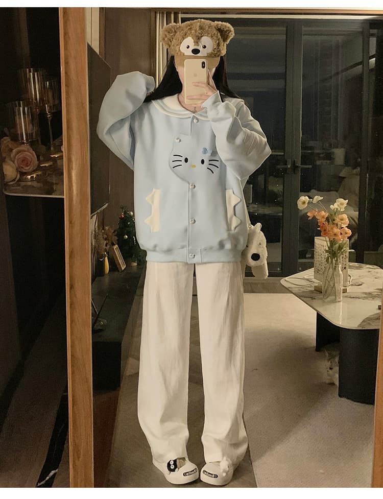 실사 한국 스타일 레트로 디자인 센스 하우스 멩 고양이 패치워크 배색 해군 칼라 재킷 다용도 긴팔 오픈 가디건 후드티 상세 이미지 20