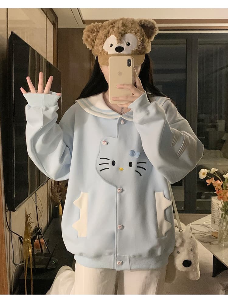 실사 한국 스타일 레트로 디자인 센스 하우스 멩 고양이 패치워크 배색 해군 칼라 재킷 다용도 긴팔 오픈 가디건 후드티 상세 이미지 21