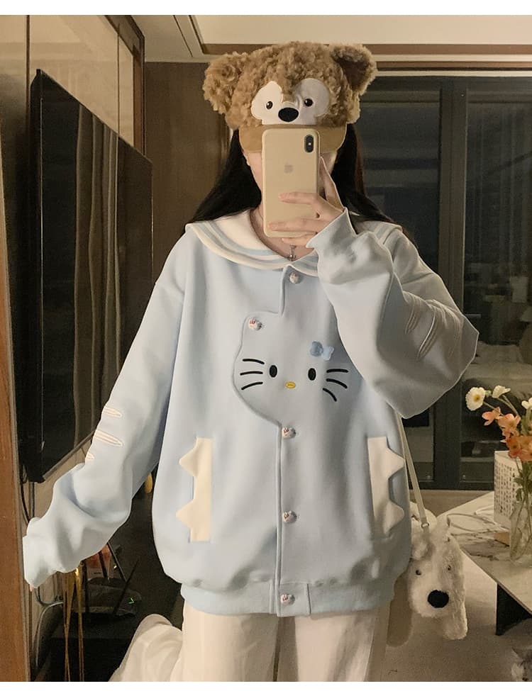 실사 한국 스타일 레트로 디자인 센스 하우스 멩 고양이 패치워크 배색 해군 칼라 재킷 다용도 긴팔 오픈 가디건 후드티 상세 이미지 22