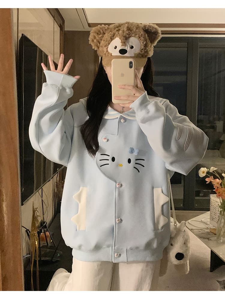 실사 한국 스타일 레트로 디자인 센스 하우스 멩 고양이 패치워크 배색 해군 칼라 재킷 다용도 긴팔 오픈 가디건 후드티 상세 이미지 23