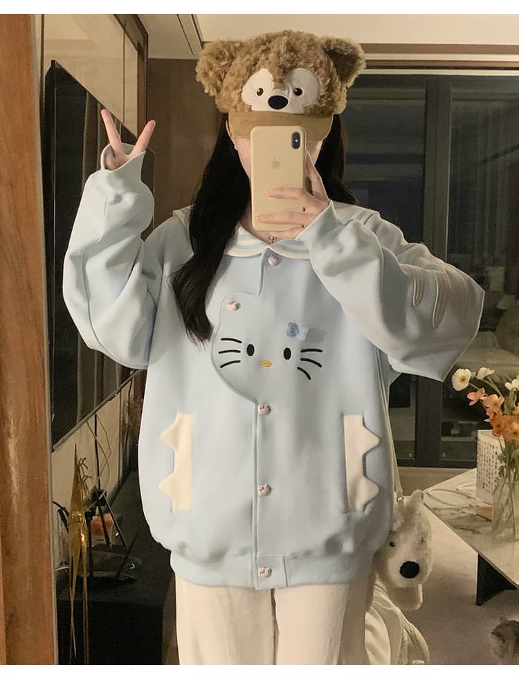 실사 한국 스타일 레트로 디자인 센스 하우스 멩 고양이 패치워크 배색 해군 칼라 재킷 다용도 긴팔 오픈 가디건 후드티 상세 이미지 24