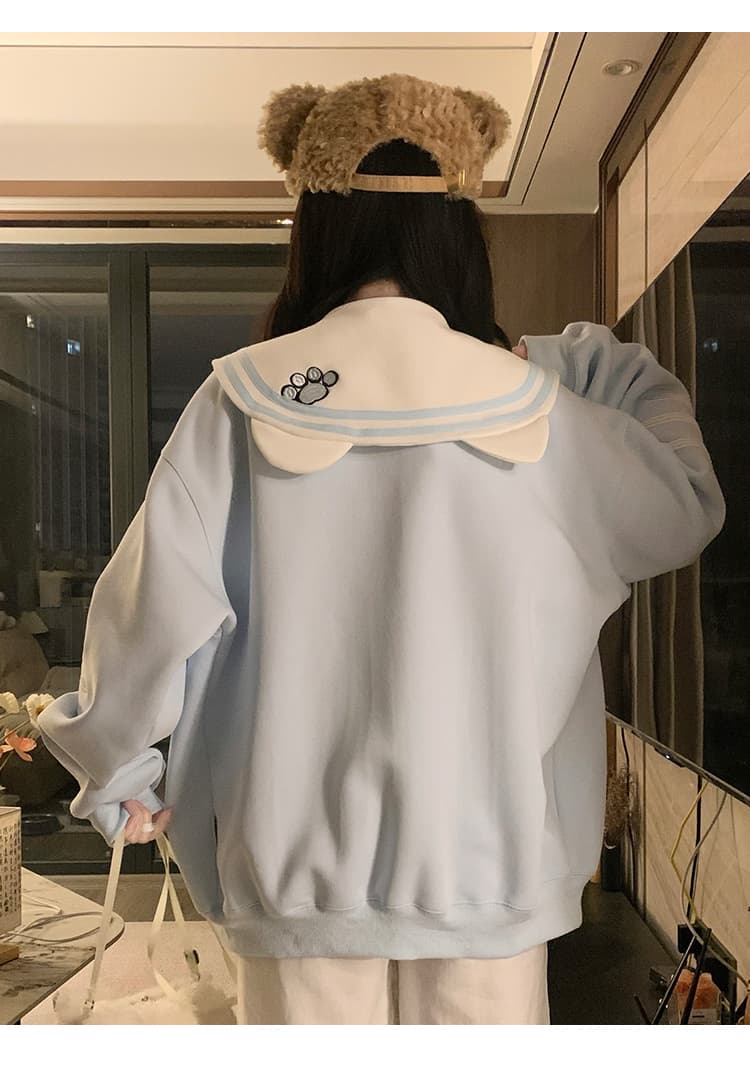 실사 한국 스타일 레트로 디자인 센스 하우스 멩 고양이 패치워크 배색 해군 칼라 재킷 다용도 긴팔 오픈 가디건 후드티 상세 이미지 26