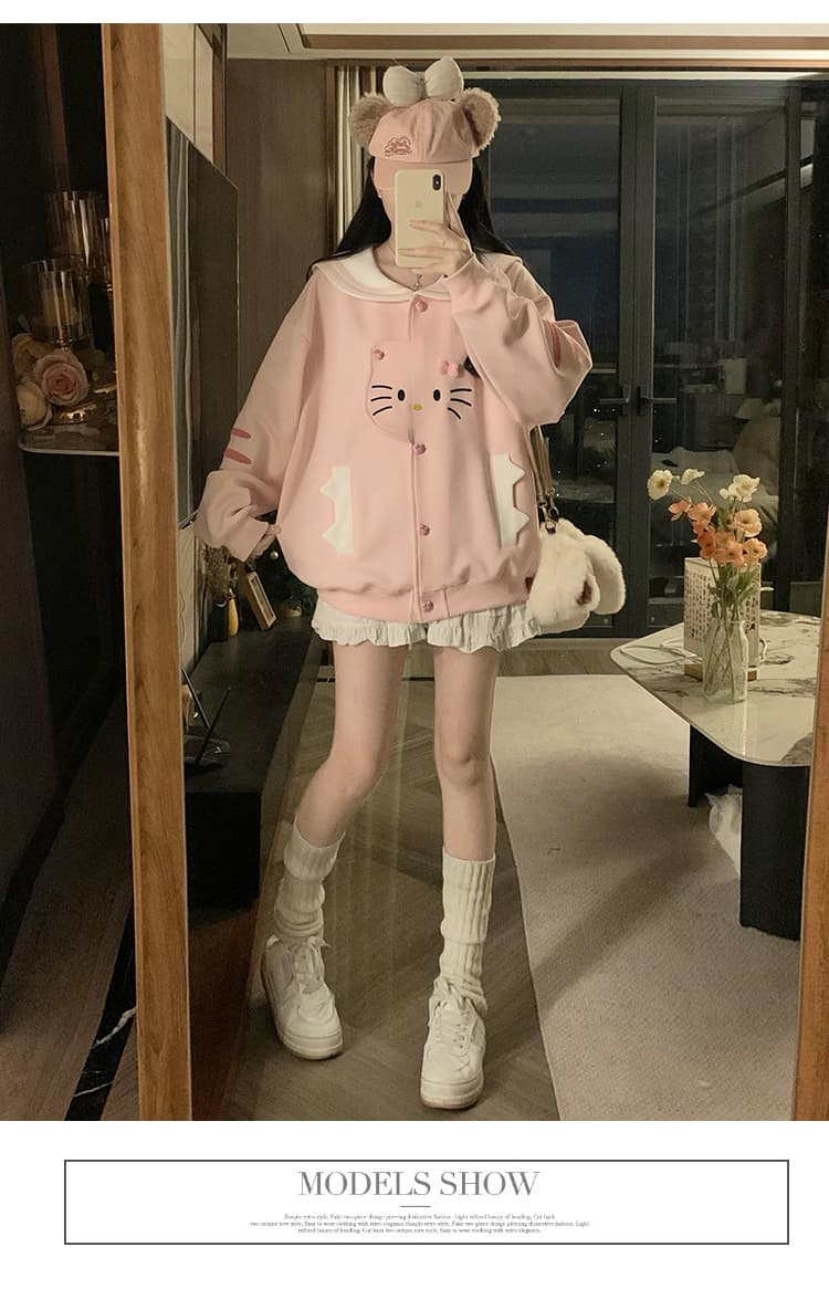실사 한국 스타일 레트로 디자인 센스 하우스 멩 고양이 패치워크 배색 해군 칼라 재킷 다용도 긴팔 오픈 가디건 후드티 상세 이미지 27