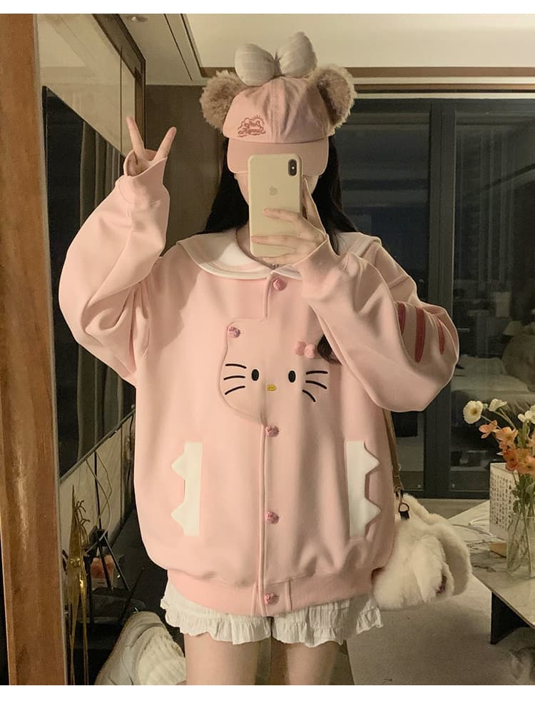 실사 한국 스타일 레트로 디자인 센스 하우스 멩 고양이 패치워크 배색 해군 칼라 재킷 다용도 긴팔 오픈 가디건 후드티 상세 이미지 29