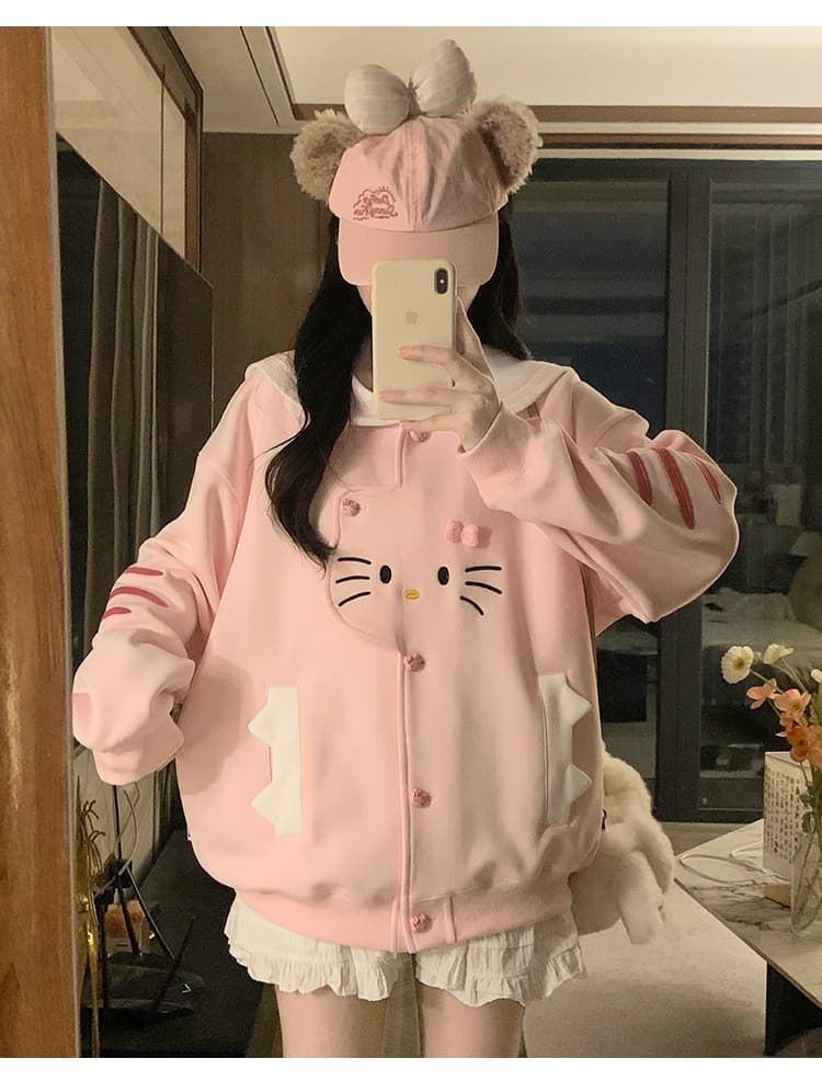 실사 한국 스타일 레트로 디자인 센스 하우스 멩 고양이 패치워크 배색 해군 칼라 재킷 다용도 긴팔 오픈 가디건 후드티 상세 이미지 31