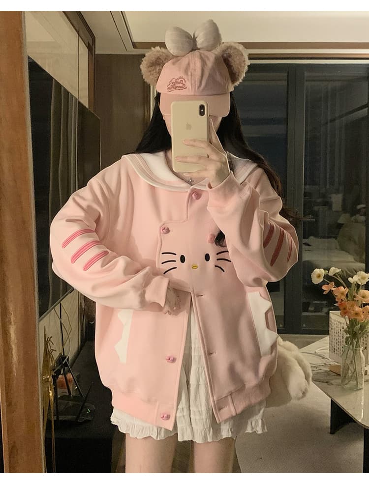 실사 한국 스타일 레트로 디자인 센스 하우스 멩 고양이 패치워크 배색 해군 칼라 재킷 다용도 긴팔 오픈 가디건 후드티 상세 이미지 33