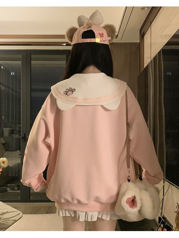 실사 한국 스타일 레트로 디자인 센스 하우스 멩 고양이 패치워크 배색 해군 칼라 재킷 다용도 긴팔 오픈 가디건 후드티 상세 이미지 36