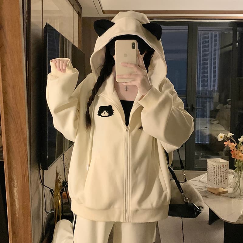실사 달콤함 디자인 센스 귀여운 고양이 후드 여성 코트 털이 있는 루즈핏 후드티 가을 커플룩 새로운 이미지 3
