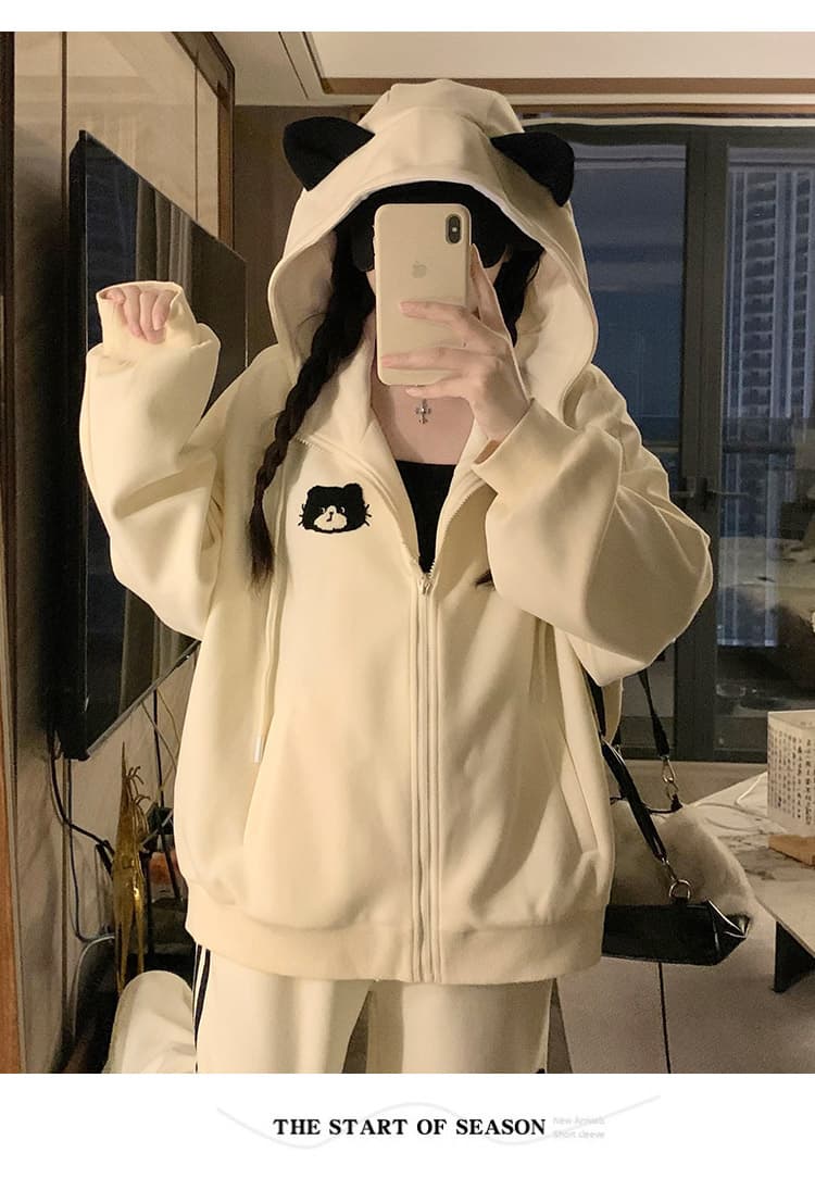 실사 달콤함 디자인 센스 귀여운 고양이 후드 여성 코트 털이 있는 루즈핏 후드티 가을 커플룩 새로운 상세 이미지 12