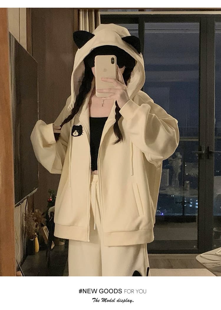 실사 달콤함 디자인 센스 귀여운 고양이 후드 여성 코트 털이 있는 루즈핏 후드티 가을 커플룩 새로운 상세 이미지 15