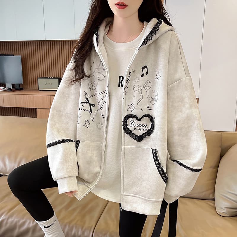 실사 작은 대중 오리지널 달콤한 차가운 바람 길다 귀 레이스 후드 티 스웨터 여성 루즈핏 디자인 센스 카디건 코트 이미지 3