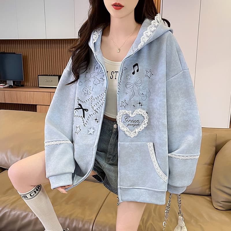 실사 작은 대중 오리지널 달콤한 차가운 바람 길다 귀 레이스 후드 티 스웨터 여성 루즈핏 디자인 센스 카디건 코트 이미지 5