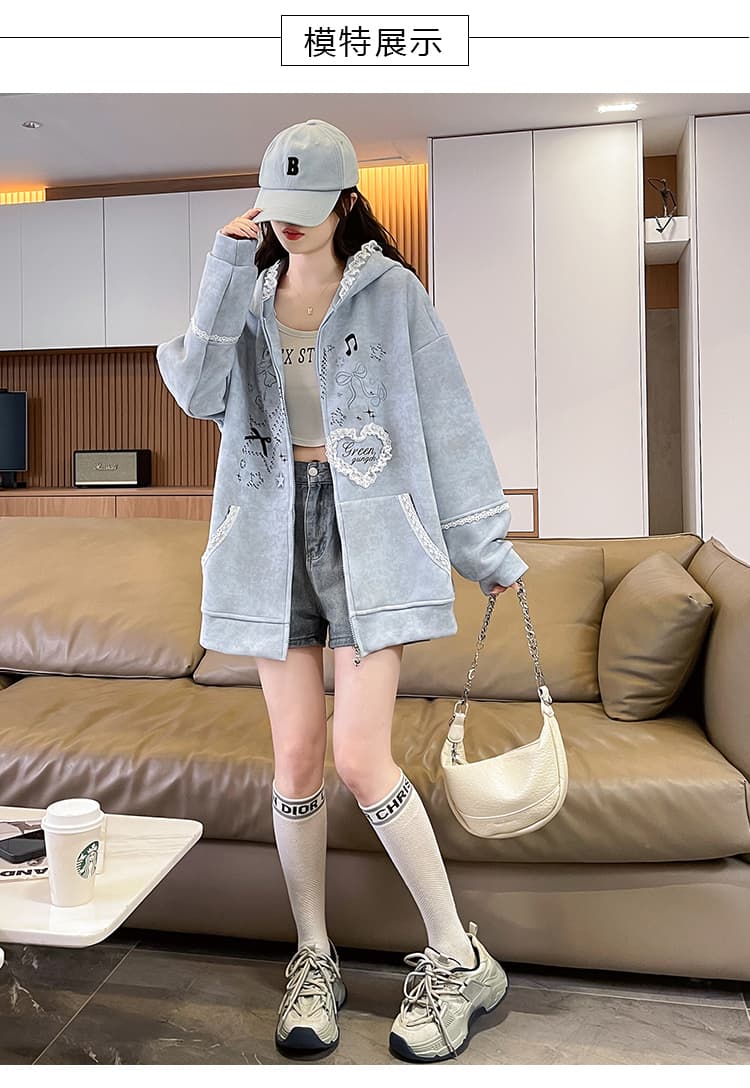 실사 작은 대중 오리지널 달콤한 차가운 바람 길다 귀 레이스 후드 티 스웨터 여성 루즈핏 디자인 센스 카디건 코트 상세 이미지 9