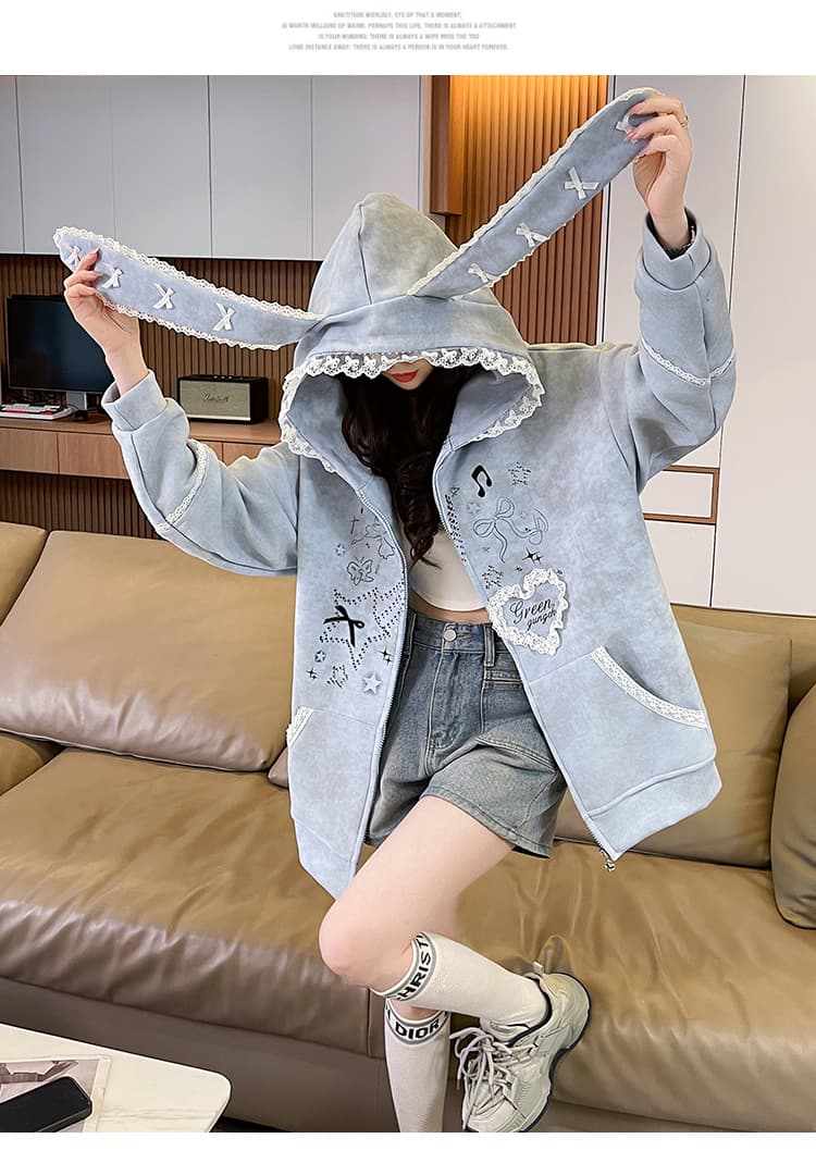 실사 작은 대중 오리지널 달콤한 차가운 바람 길다 귀 레이스 후드 티 스웨터 여성 루즈핏 디자인 센스 카디건 코트 상세 이미지 10