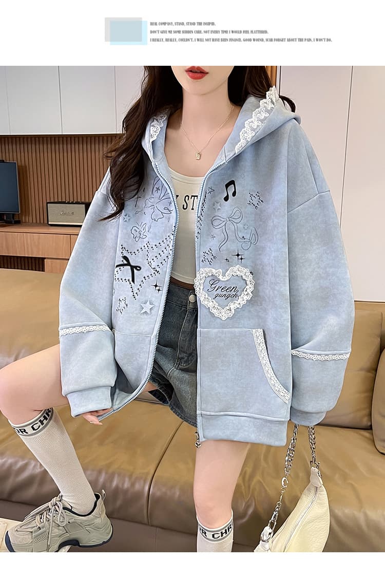 실사 작은 대중 오리지널 달콤한 차가운 바람 길다 귀 레이스 후드 티 스웨터 여성 루즈핏 디자인 센스 카디건 코트 상세 이미지 12