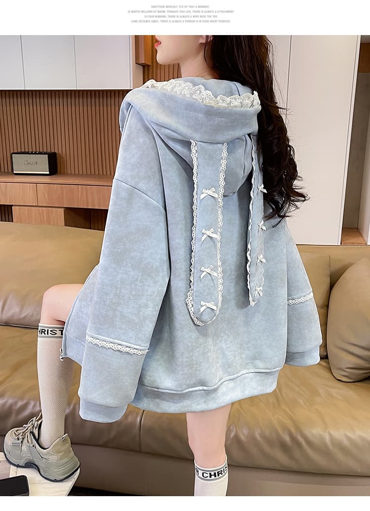 실사 작은 대중 오리지널 달콤한 차가운 바람 길다 귀 레이스 후드 티 스웨터 여성 루즈핏 디자인 센스 카디건 코트 상세 이미지 15