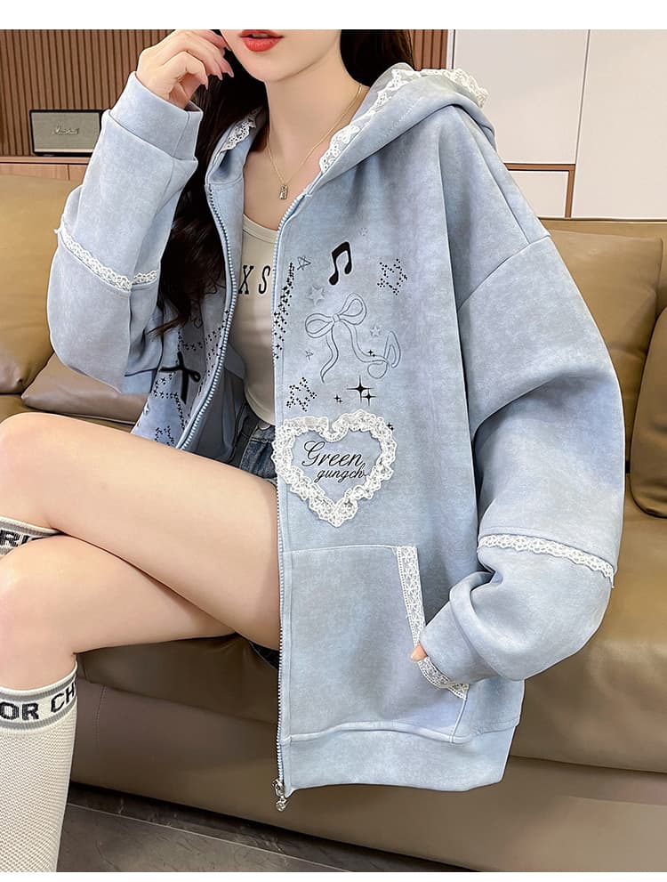 실사 작은 대중 오리지널 달콤한 차가운 바람 길다 귀 레이스 후드 티 스웨터 여성 루즈핏 디자인 센스 카디건 코트 상세 이미지 16