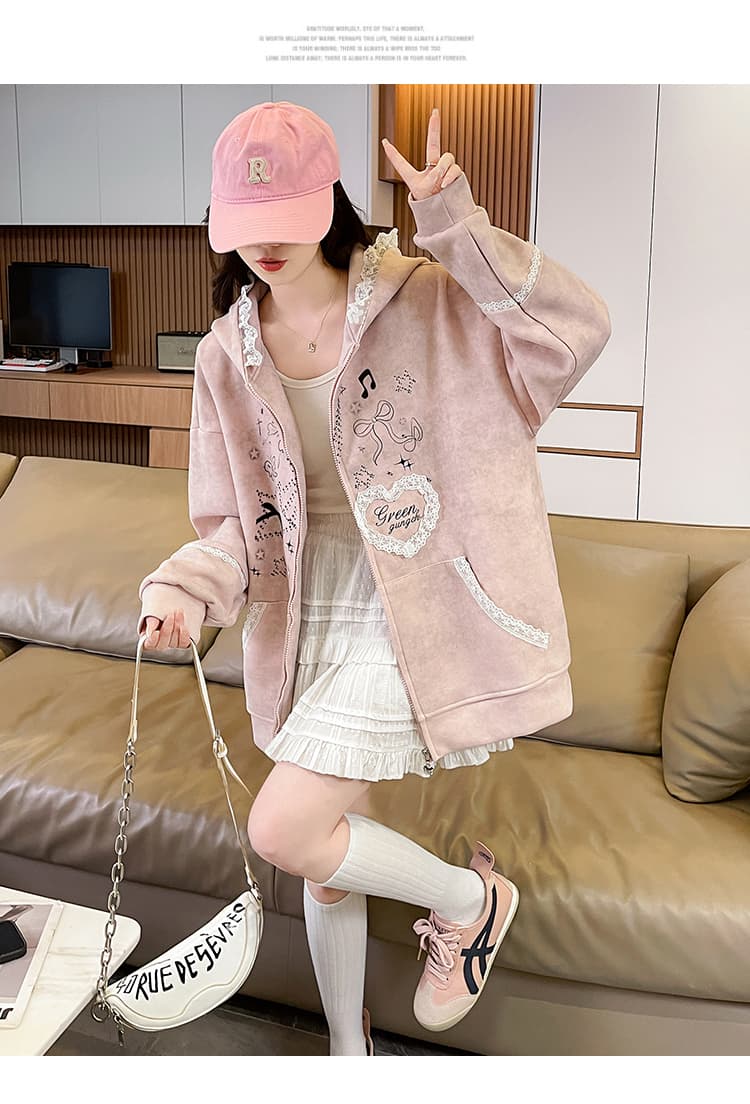 실사 작은 대중 오리지널 달콤한 차가운 바람 길다 귀 레이스 후드 티 스웨터 여성 루즈핏 디자인 센스 카디건 코트 상세 이미지 18