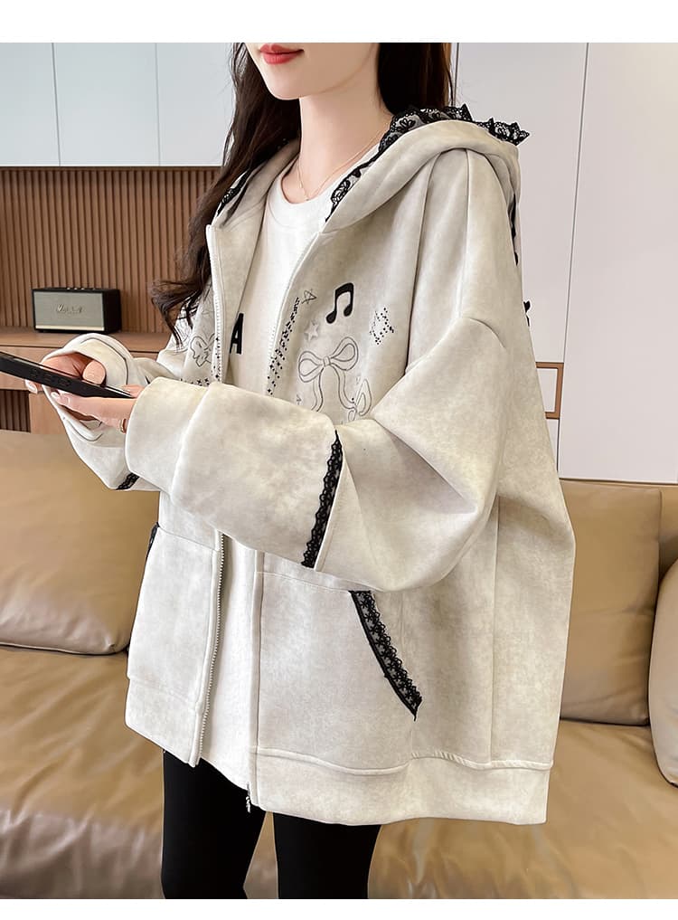 실사 작은 대중 오리지널 달콤한 차가운 바람 길다 귀 레이스 후드 티 스웨터 여성 루즈핏 디자인 센스 카디건 코트 상세 이미지 30