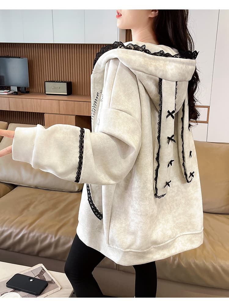 실사 작은 대중 오리지널 달콤한 차가운 바람 길다 귀 레이스 후드 티 스웨터 여성 루즈핏 디자인 센스 카디건 코트 상세 이미지 32