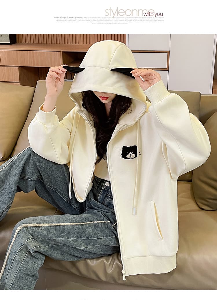 실사 달콤함 디자인 센스 귀여운 고양이 후드 여성 코트 털이 있는 루즈핏 후드티 가을 커플룩 새로운 상세 이미지 16