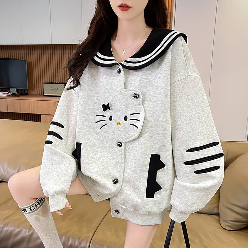 실사 한국 스타일 레트로 디자인 센스 하우스 멩 고양이 패치워크 배색 해군 칼라 재킷 다용도 긴팔 오픈 가디건 후드티 이미지 3