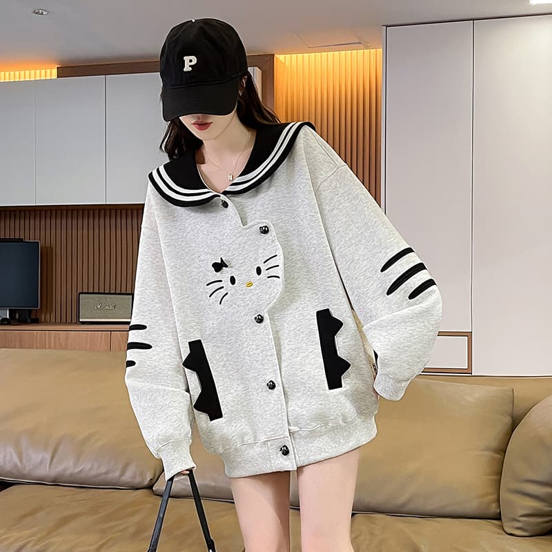 실사 한국 스타일 레트로 디자인 센스 하우스 멩 고양이 패치워크 배색 해군 칼라 재킷 다용도 긴팔 오픈 가디건 후드티 이미지 2