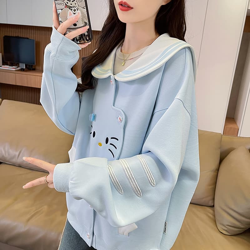 실사 한국 스타일 레트로 디자인 센스 하우스 멩 고양이 패치워크 배색 해군 칼라 재킷 다용도 긴팔 오픈 가디건 후드티 이미지 4