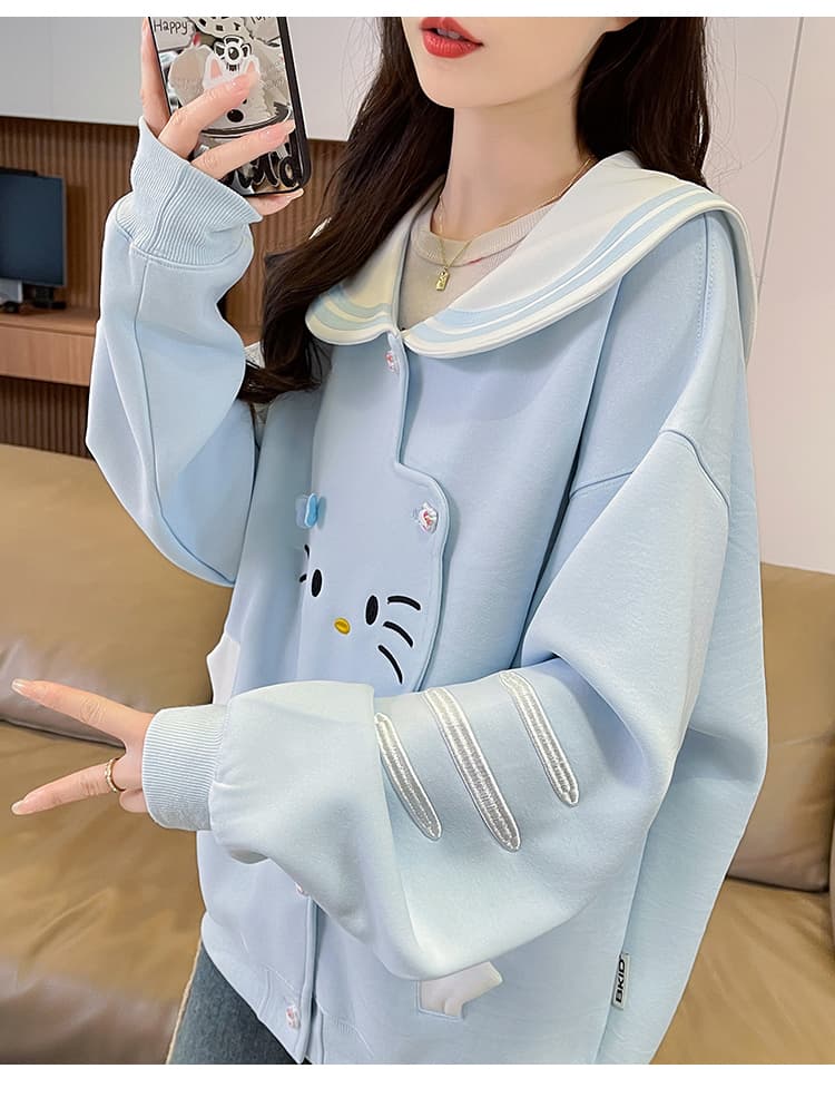 실사 한국 스타일 레트로 디자인 센스 하우스 멩 고양이 패치워크 배색 해군 칼라 재킷 다용도 긴팔 오픈 가디건 후드티 상세 이미지 14