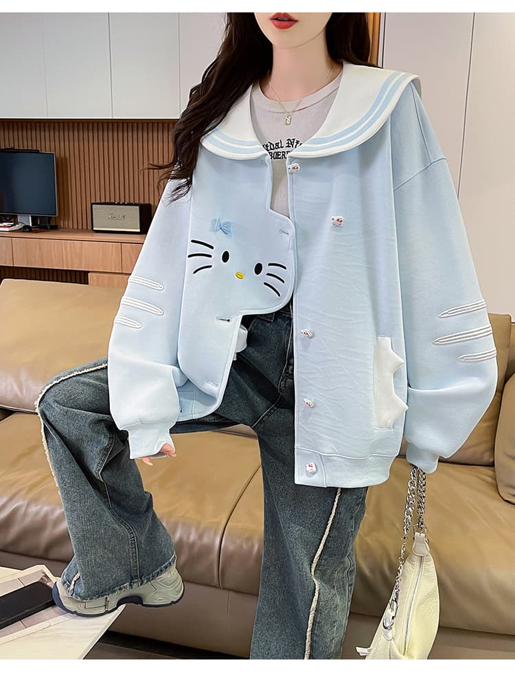 실사 한국 스타일 레트로 디자인 센스 하우스 멩 고양이 패치워크 배색 해군 칼라 재킷 다용도 긴팔 오픈 가디건 후드티 상세 이미지 15