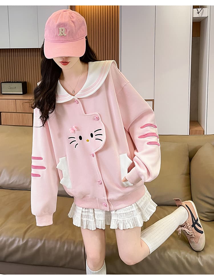실사 한국 스타일 레트로 디자인 센스 하우스 멩 고양이 패치워크 배색 해군 칼라 재킷 다용도 긴팔 오픈 가디건 후드티 상세 이미지 19